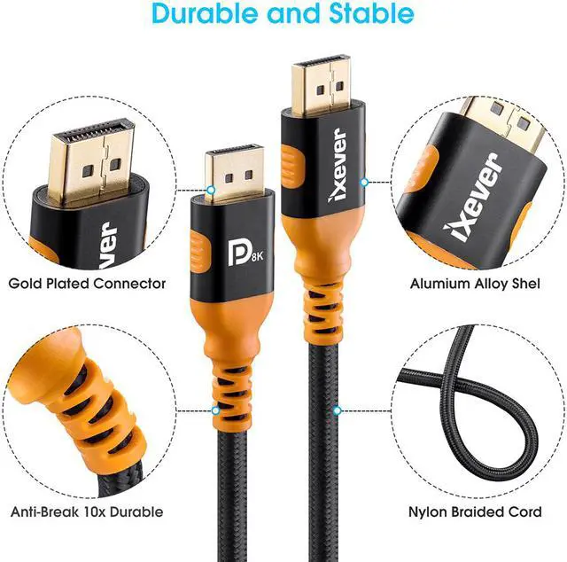 Alt view image 3 of 7 - DisplayPort to Displayport 1.4 Cable 6.6ft 8K@60Hz [2Pack], 4K@144Hz, iXever DP 1.4 Display Port Wire Cable 32.4Gbps Support HBR3 HDR10 HDCP 2.2, Nylon Braided Cord for TV,Gaming Monitor, Projector