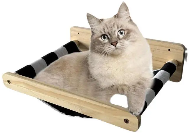 Alt view image 3 of 7 - Cat Hammock Wall Bed Cats Perch Wall-Mounted Cat Furniture Solid Wood Platform, Striped Cushion Save Space Kitten Sleeping