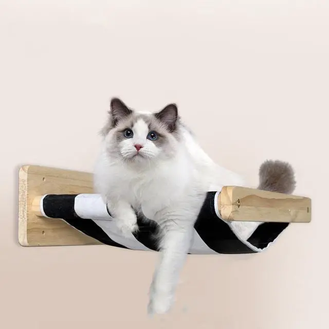 Main image of Cat Hammock Wall Bed Cats Perch Wall-Mounted Cat Furniture Solid Wood Platform, Striped Cushion Save Space Kitten Sleeping