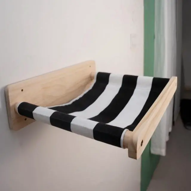 Alt view image 4 of 7 - Cat Hammock Wall Bed Cats Perch Wall-Mounted Cat Furniture Solid Wood Platform, Striped Cushion Save Space Kitten Sleeping