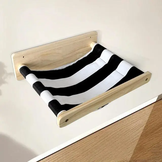 Alt view image 5 of 7 - Cat Hammock Wall Bed Cats Perch Wall-Mounted Cat Furniture Solid Wood Platform, Striped Cushion Save Space Kitten Sleeping