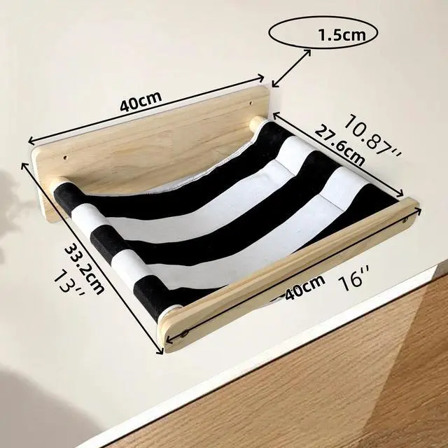 Alt view image 6 of 7 - Cat Hammock Wall Bed Cats Perch Wall-Mounted Cat Furniture Solid Wood Platform, Striped Cushion Save Space Kitten Sleeping
