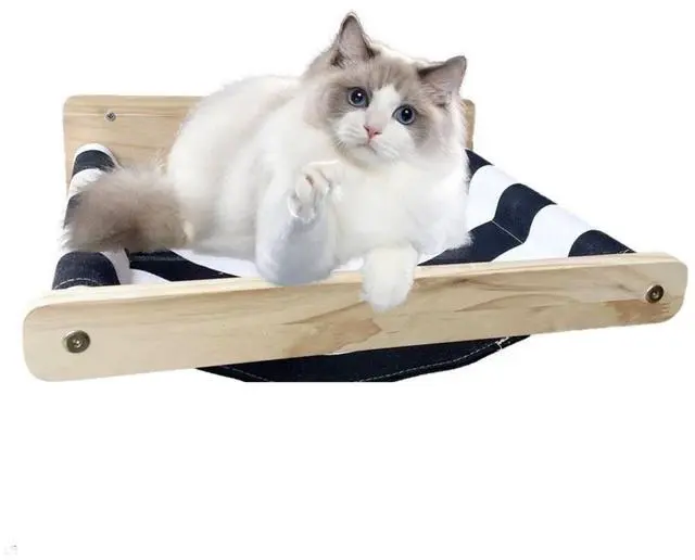 Alt view image 2 of 7 - Cat Hammock Wall Bed Cats Perch Wall-Mounted Cat Furniture Solid Wood Platform, Striped Cushion Save Space Kitten Sleeping