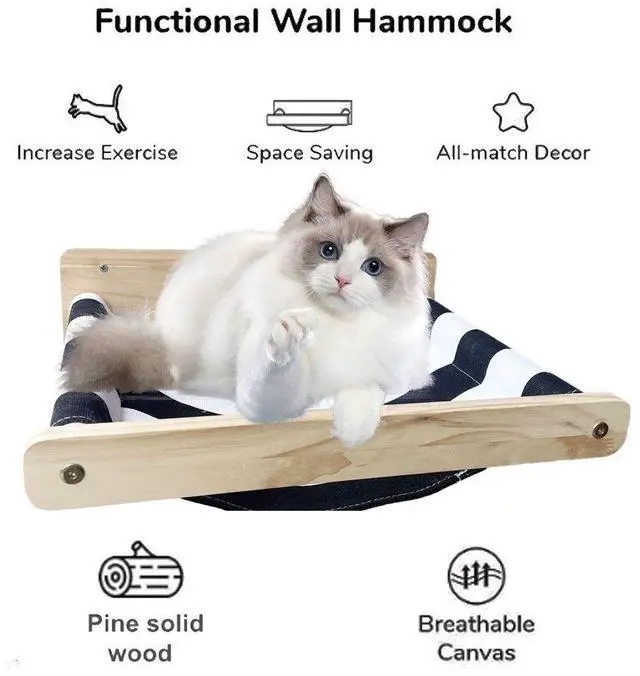Alt view image 7 of 7 - Cat Hammock Wall Bed Cats Perch Wall-Mounted Cat Furniture Solid Wood Platform, Striped Cushion Save Space Kitten Sleeping