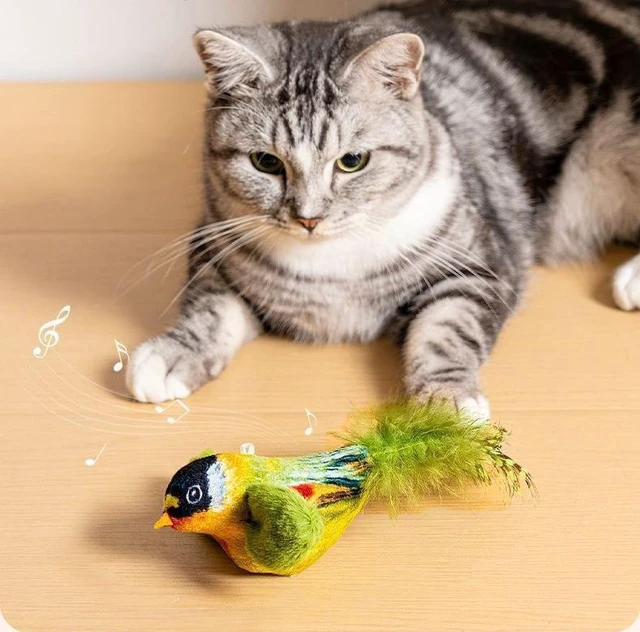 Alt view image 3 of 6 - Interactive Cat Toy Bird Real Feather with Catnip No Battery Physical Sound Simulation Teaser Toys Hanging Cat Birds Tweet Toy Brown