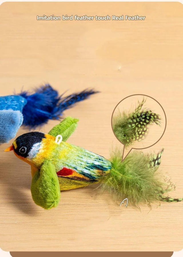 Alt view image 2 of 6 - Interactive Cat Toy Bird Real Feather with Catnip No Battery Physical Sound Simulation Teaser Toys Hanging Cat Birds Tweet Toy Brown
