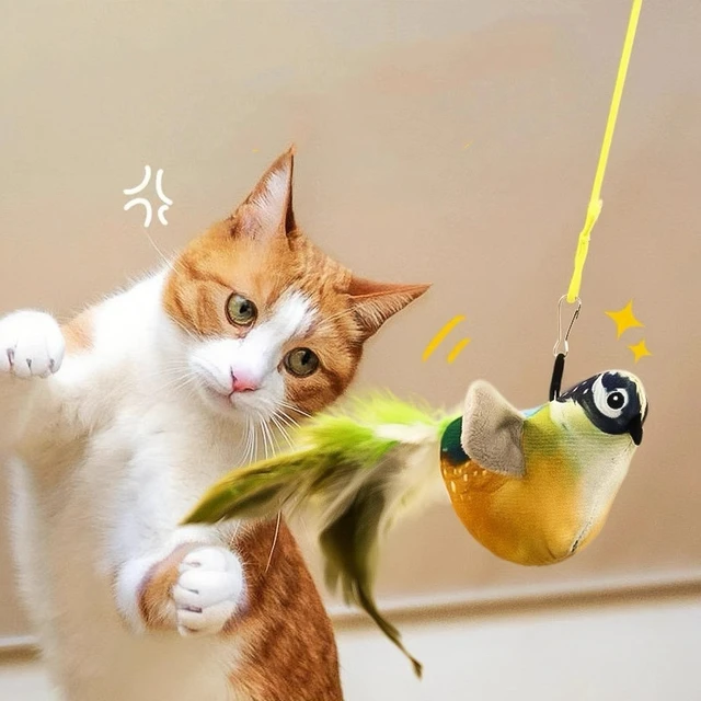 Alt view image 4 of 6 - Interactive Cat Toy Bird Real Feather with Catnip No Battery Physical Sound Simulation Teaser Toys Hanging Cat Birds Tweet Toy Brown