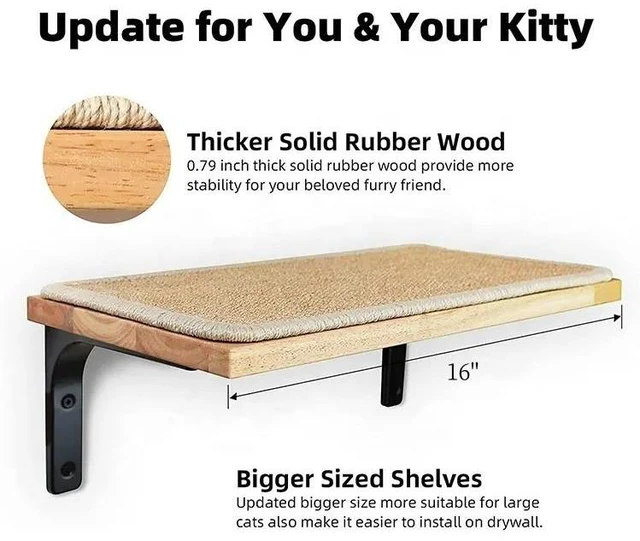 Alt view image 3 of 7 - 2 Pieces Cat Hammock Wall Mounted Floating Wall Shelf with Cat Scratching Mat Thick Solid Wood Cat Tree for Cat