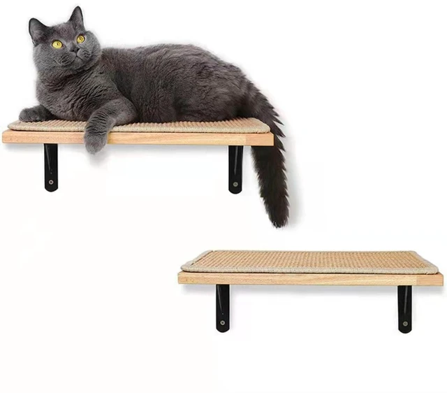Main image of 2 Pieces Cat Hammock Wall Mounted Floating Wall Shelf with Cat Scratching Mat Thick Solid Wood Cat Tree for Cat