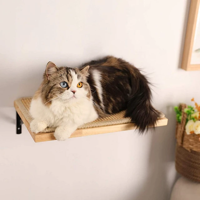 Alt view image 7 of 7 - 2 Pieces Cat Hammock Wall Mounted Floating Wall Shelf with Cat Scratching Mat Thick Solid Wood Cat Tree for Cat