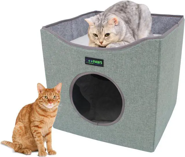 Main image of GOOPAWS Foldable Cat Condo Bed, Cat Cube House & Sleeping Bed with Lying Surface and 2 Reversible Cushions, Cat Hiding Place, Cat Cave, Linenette Fabric, Felt and Engineered Wood, Scratch Resistant