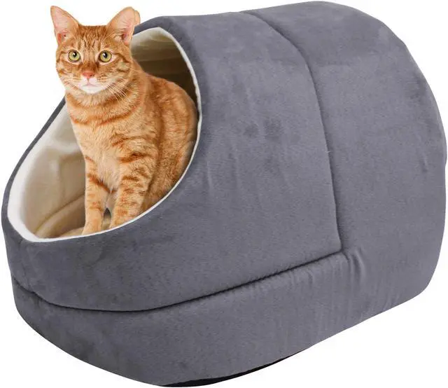 Alt view image 2 of 7 - GOOPAWS Covered Cat & Dog Bed, Cat Cave for Cat and Warming Burrow Cat Bed, Pet Sleeping Cuddle Cave