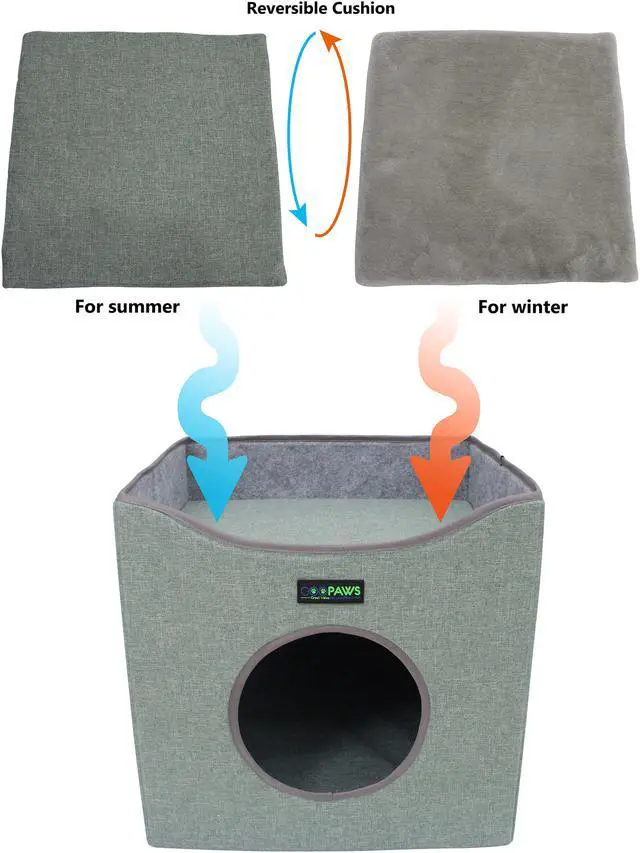 Alt view image 5 of 7 - GOOPAWS Foldable Cat Condo Bed, Cat Cube House & Sleeping Bed with Lying Surface and 2 Reversible Cushions, Cat Hiding Place, Cat Cave, Linenette Fabric, Felt and Engineered Wood, Scratch Resistant