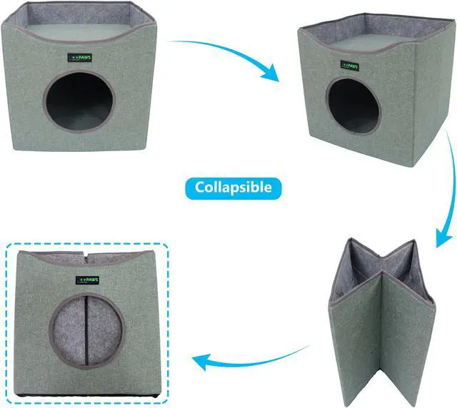 Alt view image 3 of 7 - GOOPAWS Foldable Cat Condo Bed, Cat Cube House & Sleeping Bed with Lying Surface and 2 Reversible Cushions, Cat Hiding Place, Cat Cave, Linenette Fabric, Felt and Engineered Wood, Scratch Resistant