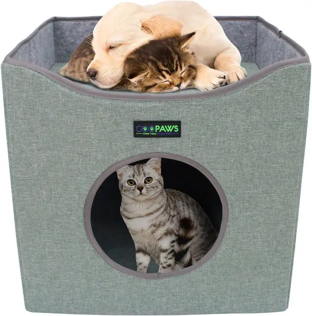 Alt view image 7 of 7 - GOOPAWS Foldable Cat Condo Bed, Cat Cube House & Sleeping Bed with Lying Surface and 2 Reversible Cushions, Cat Hiding Place, Cat Cave, Linenette Fabric, Felt and Engineered Wood, Scratch Resistant