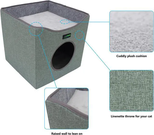 Alt view image 2 of 7 - GOOPAWS Foldable Cat Condo Bed, Cat Cube House & Sleeping Bed with Lying Surface and 2 Reversible Cushions, Cat Hiding Place, Cat Cave, Linenette Fabric, Felt and Engineered Wood, Scratch Resistant