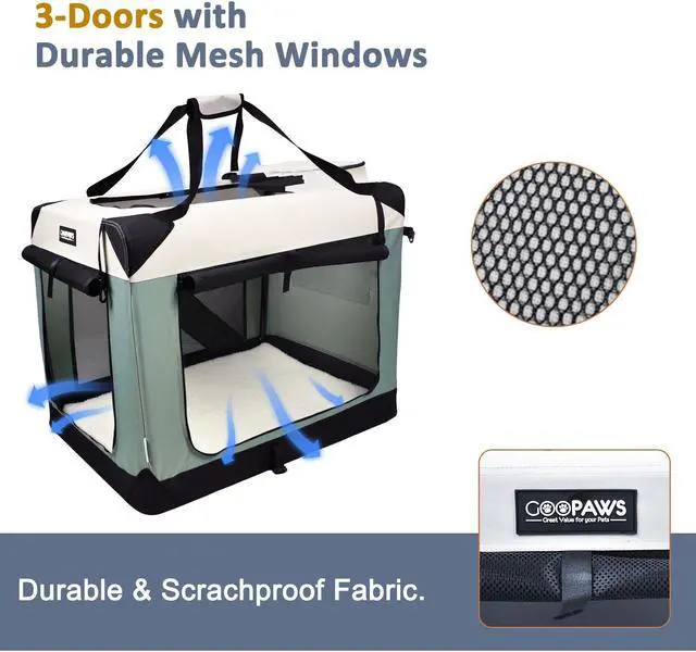 Alt view image 4 of 6 - Jespet & GOOPAWS Soft Dog Crate, 3 Door Soft Sided Folding Kennel, 36inches, Shale Green