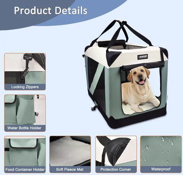 Alt view image 5 of 6 - Jespet & GOOPAWS Soft Dog Crate, 3 Door Soft Sided Folding Kennel, 36inches, Shale Green