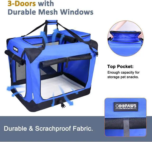 Alt view image 2 of 6 - Jespet Folding Soft Pet Crates Kennel, 3-Door Indoor & Outdoor Collapsible Soft Dog Crate, Travel Pet Carrier with Straps and Fleece Mat for Dogs Cats, Rabbits