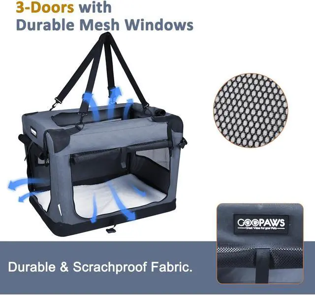Alt view image 2 of 6 - Jespet Folding Soft Pet Crates Kennel, 3-Door Indoor & Outdoor Collapsible Dog Crate, Travel Pet Carrier with Straps and Fleece Mat for Dogs Cats, Rabbits