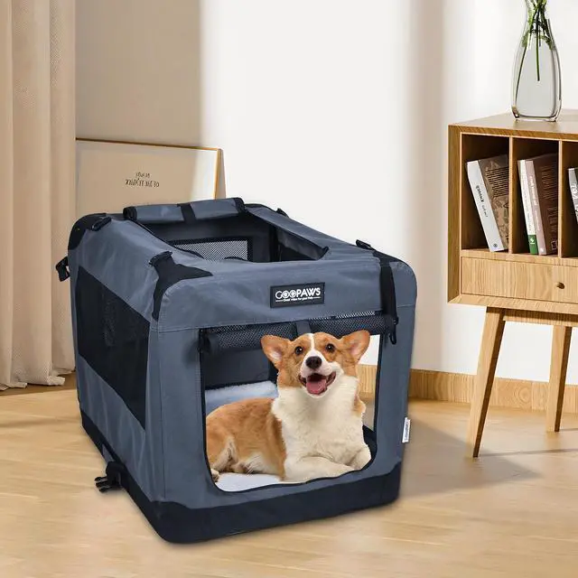 Alt view image 6 of 6 - Jespet Folding Soft Pet Crates Kennel, 3-Door Indoor & Outdoor Collapsible Dog Crate, Travel Pet Carrier with Straps and Fleece Mat for Dogs Cats, Rabbits