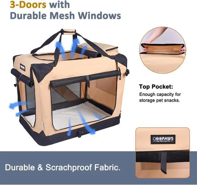 Alt view image 2 of 6 - Jespet Folding Soft Pet Crates Kennel, 3-Door Indoor & Outdoor Collapsible Dog Crate, Travel Pet Carrier with Straps and Fleece Mat for Dogs Cats, Rabbits