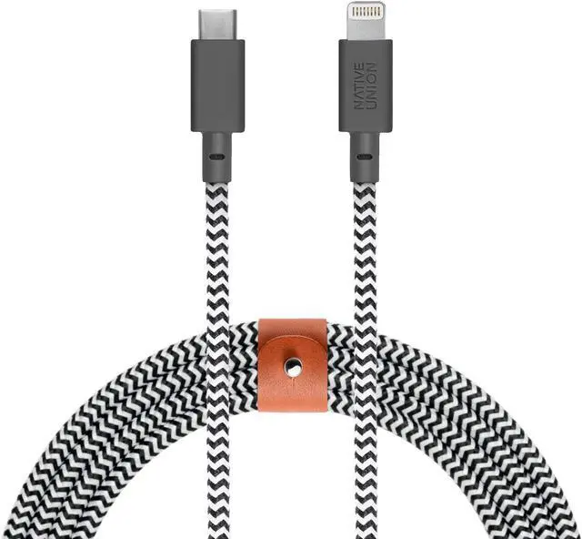 Main image of Native Union Belt Cable XL - 10ft Ultra-Strong Reinforced Durable USB-C to Lightning [MFi Certified] Charging Cable with Leather Strap for iPhone/iPad (Zebra)