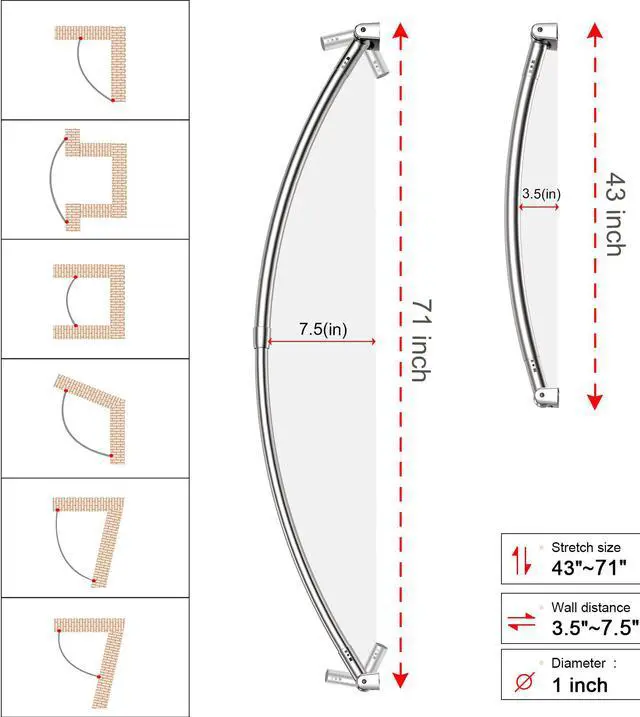 Alt view image 2 of 7 - Misounda Curved Shower Curtain Rod Rustproof Expandable 304 Stainless Steel Adjustable Telescopic Shower Rod for Bathroom, Bathtub, Cloakroom, Dressing Room,Etc. (Curved Shape, 55"-79" inch)