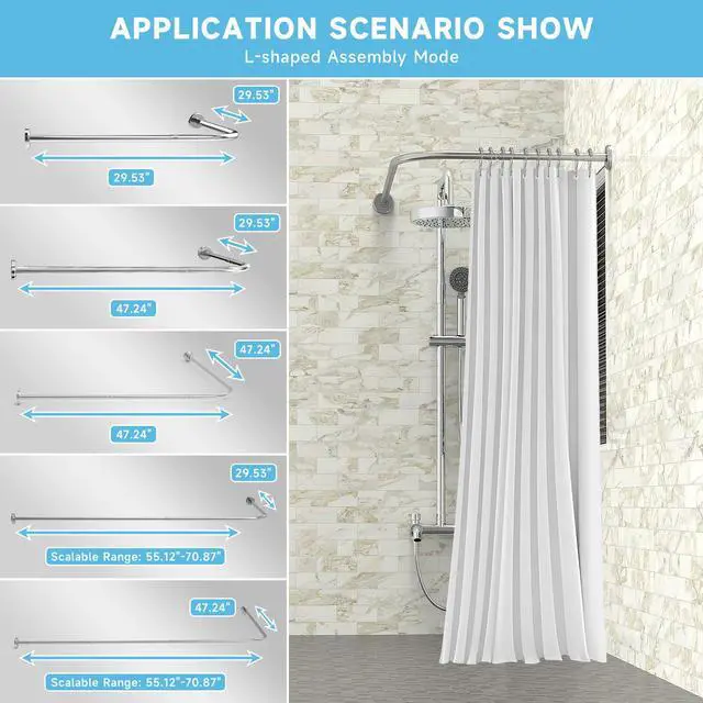 Alt view image 4 of 7 - Misounda Shower Curtain Rod Can Be Assembled (L-Shaped Or U-Shaped) Bathroom Shower Rod, 29.5x(59-74.8)Inch L-Shaped Corner Shower  Rod Is Suitable For Bathrooms, Shower Rooms, And Dressing Rooms.