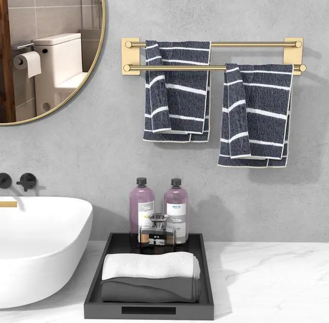 Alt view image 3 of 7 - Double Bath Towel Bar, 15.75 inch Towel Racks for Bathroom & Kitchen, Wall Mounted Brushed Stainless Steel Hand Towel Holder Rust/Scratch Resistant No Drilling - Self Adhesive Gold