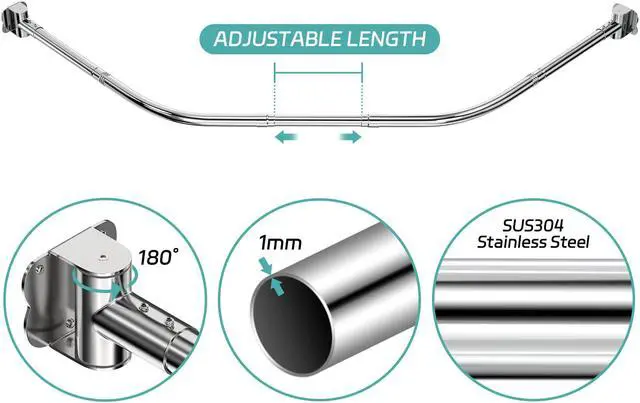Alt view image 4 of 7 - Corner Shower Curtain Rod Rustproof Expandable Metal Adjustable Shower Rod  43.3-47.2x43.3-47.2 inch Telescoping Design Exquisite Customizable for Bathroom,Need To Drill installation