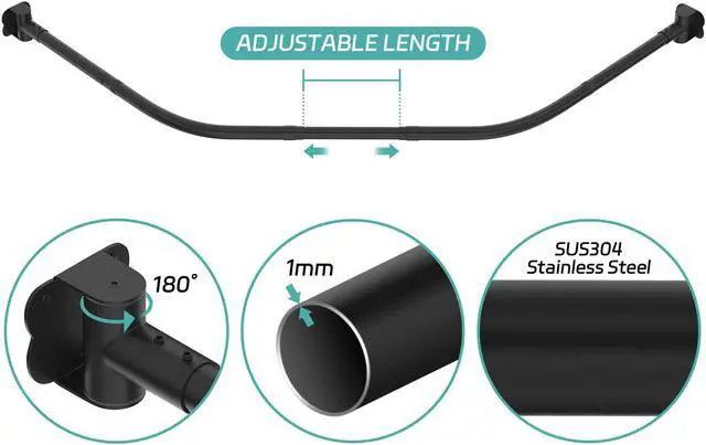Alt view image 4 of 7 - Misounda Corner Curved Shower Curtain Rod Rustproof Expandable Metal Adjustable Shower Rod  35.4-39.3x35.4-39.3 inch Telescoping Design Exquisite Customizable for Bathroom,Need To Drill -Black