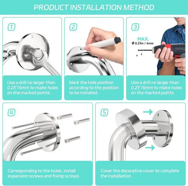 Alt view image 3 of 7 - Grab Bars for Bathtubs and Showers, 1 Pack 15.7 Inch Shower Grab Bars Stainless Steel Shower Handle, Safety Bath Shower Grab Bar for Seniors