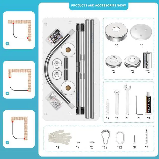 Alt view image 7 of 7 - Misounda Shower Curtain Rod, Adjustable L Shaped Corner Shower Curtain Rods, No Drilling Install Stainless Steel 27.6-39.4x35.5-47.2 Inch With 24 Shower Rings, For Bathroom,Bathtub,Clothing Store Etc