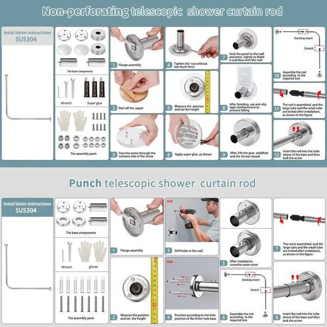 Alt view image 4 of 7 - Misounda Shower Curtain Rod, Adjustable L Shaped Corner Shower Curtain Rods, No Drilling Install Stainless Steel 27.6-39.4x35.5-47.2 Inch With 24 Shower Rings, For Bathroom,Bathtub,Clothing Store Etc