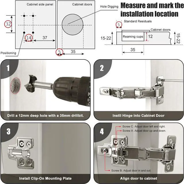 Alt view image 5 of 7 - Cabinet Hinges,1 Pair 175/165 Degree Hinges, Concealed Hydraulic Adjustable Mounting Hinges Soft Close Cabinet Hinges Nickel-Plated Steel Buffer Dampers for Wardrobe, Cupboard (Full Overlay)