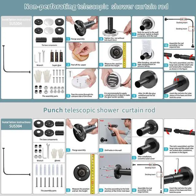 Alt view image 7 of 7 - Misounda Shower Curtain Rod, Adjustable Telescoping 304 Stainless Steel Curved Shower Rod, No drilling Installation, L-Shaped 35.5"-47.2" x 35.5"-47.2" for Bathroom, Tub, Cloakroom- Black