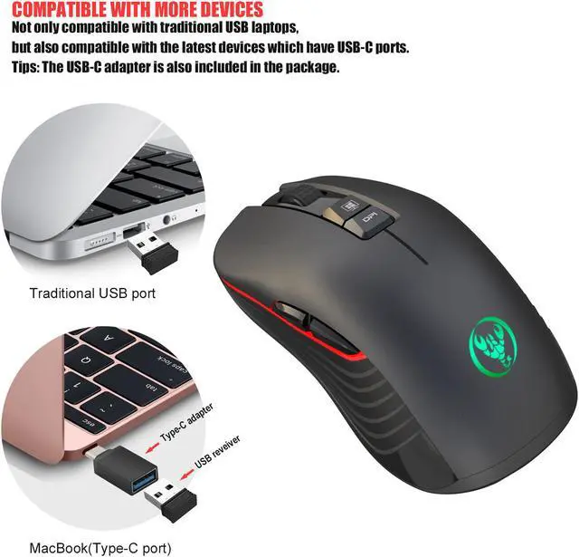 Alt view image 3 of 7 - Wireless Rechargeable Gaming Mouse with Mute Illuminated Ergonomic Optical RF Wireless Mouse for Mac and PC, up to 3600dpi