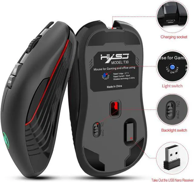 Alt view image 7 of 7 - Wireless Rechargeable Gaming Mouse with Mute Illuminated Ergonomic Optical RF Wireless Mouse for Mac and PC, up to 3600dpi