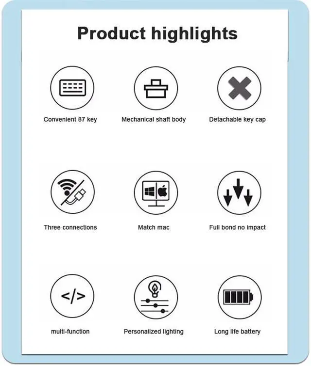 Alt view image 3 of 7 - 87-key Mechanical Gaming Keyboard Wired, Wireless, Bluetooth Rechargeable  Keyboard for Tablet, Phone, Computer