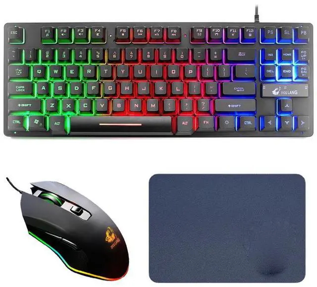 Main image of 87 Keys Gaming Keyboard and Backlit Mouse Combo, USB Wired Rainbow Backlit Keyboard and Wired Mouse for Laptop PC Computer Game and Work