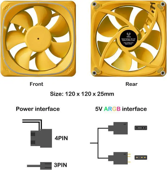 Alt view image 4 of 7 - Vetroo CF120 120mm Case Fan 5V 3 PIN Addressable RGB MB Sync PC Cooling Fan W/ Yellow Fan Frame for Radiator / CPU Cooler / Computer Case