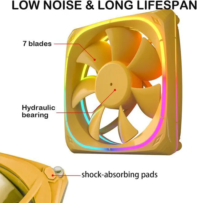 Alt view image 7 of 7 - Vetroo CF120 120mm Case Fan 5V 3 PIN Addressable RGB MB Sync PC Cooling Fan W/ Yellow Fan Frame for Radiator / CPU Cooler / Computer Case