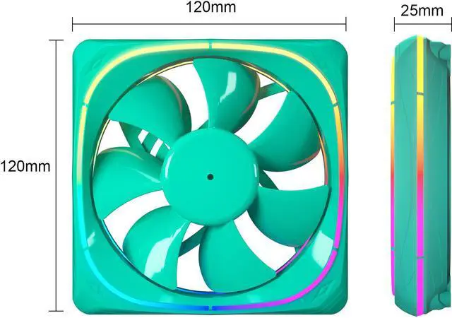 Alt view image 6 of 7 - Vetroo 3-Pack CF120 Case Fan 120mm 5V 3 PIN Addressable RGB MB Sync PC Cooling Fan W/ Green Fan Frame for Radiator / CPU Cooler / Computer Case