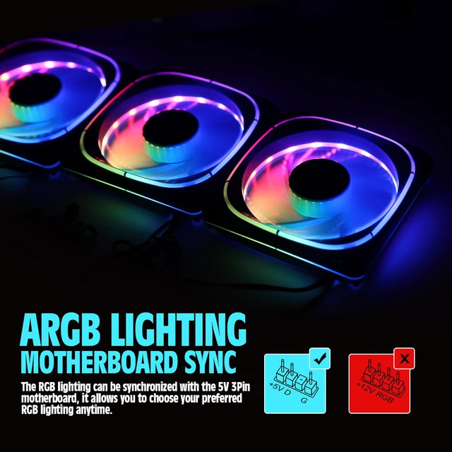 Alt view image 3 of 7 - Vetroo 3-Pack CF120 Case Fan 120mm 5V 3 PIN Addressable RGB MB Sync PC Cooling Fan W/ Blue Fan Frame for Radiator / CPU Cooler / Computer Case