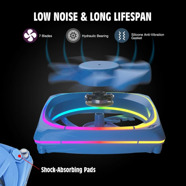 Alt view image 4 of 7 - Vetroo 3-Pack CF120 Case Fan 120mm 5V 3 PIN Addressable RGB MB Sync PC Cooling Fan W/ Blue Fan Frame for Radiator / CPU Cooler / Computer Case