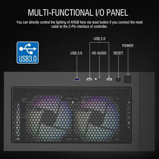 Alt view image 5 of 7 - Vetroo A03 ATX Mid-Tower PC Gaming Case Pre-installed 3pcs ARGB PWM Fans w/ Controller, Door Opening Hinged Tempered Glass Side Panel, High Airflow Mesh Front and Dust Filter-Black