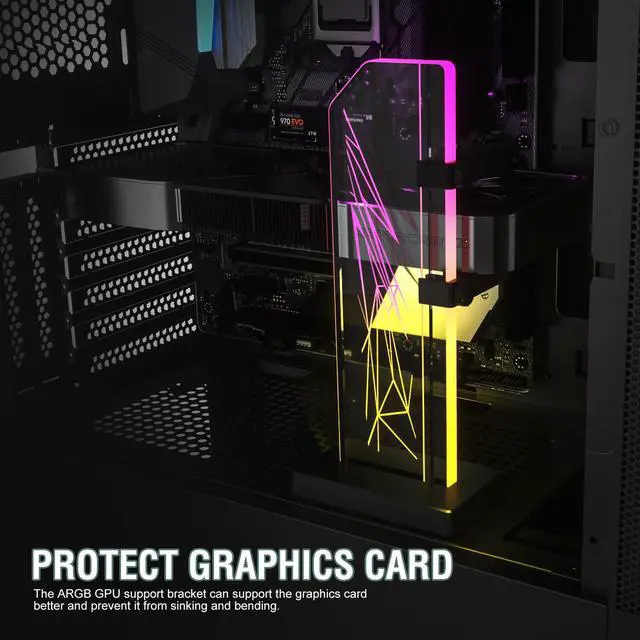 Alt view image 2 of 7 - Vetroo V2 ARGB 3-Pin GPU Support Bracket, Edge-Lit Tempered Glass GPU Holder Brace, Adjustable & Detachable Arm, Multiple Orientations, Easy to Install