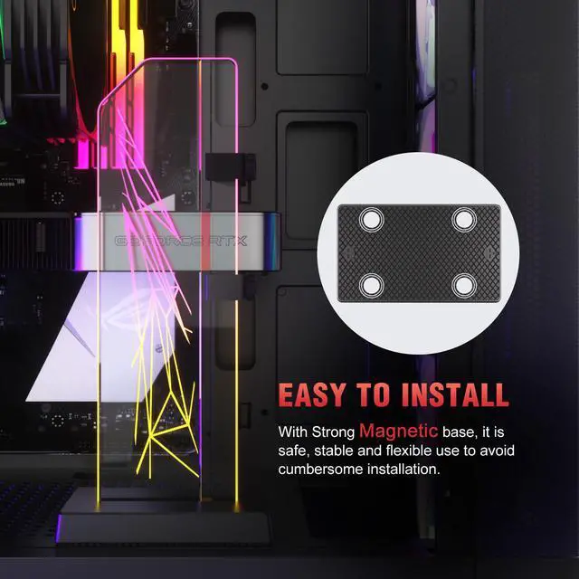 Alt view image 6 of 7 - Vetroo V2 ARGB 3-Pin GPU Support Bracket, Edge-Lit Tempered Glass GPU Holder Brace, Adjustable & Detachable Arm, Multiple Orientations, Easy to Install