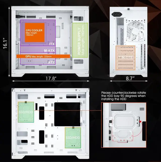Alt view image 8 of 14 - Vetroo AL-MESH-7C White Compact ATX PC Case, Front Power Supply, Top 360mm Radiator Support, Type-C & USB 3.0 I/O Panel, High-Airflow Mesh Gaming Case w/ Rear 120mm ARGB & PWM Fan